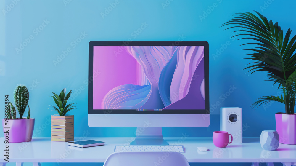 A modern desktop computer on a white desk, suitable for office or technology concepts A modern desktop computer on a white desk, suitable for office or technology concepts