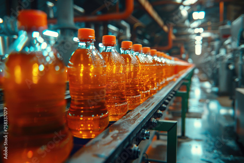 Bottles of orange liquid on a conveyor belt, suitable for manufacturing or production concept