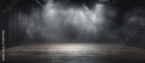 A dark room filled with clouds of smoke cascading from the ceiling, creating an eerie atmosphere resembling a stormy sky with grey cumulus clouds