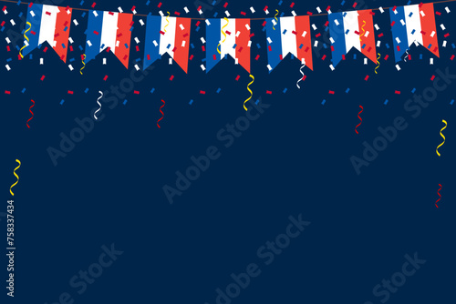French flag bunting Eiffel background for Bastille Day. French: drapeau Français. Tricolour blue white red backdrop design vector illustration 