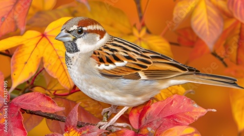 a bird sitting on top of a tree branch next to a bunch of red and yellow leaves on a tree. photo