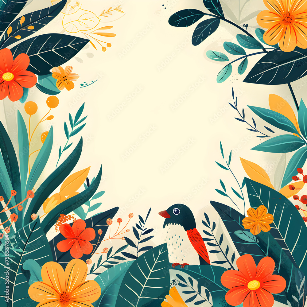 Fototapeta premium A flat geometric and linear style design in bright colors, featuring decorative flowers, leaves, and a bird. Perfect for wedding invitations and other event-related graphic design.