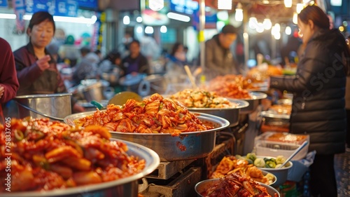 vibrant marketplace scene with vendors selling homemade kimchi, highlighting the cultural significance and variety of kimchi styles