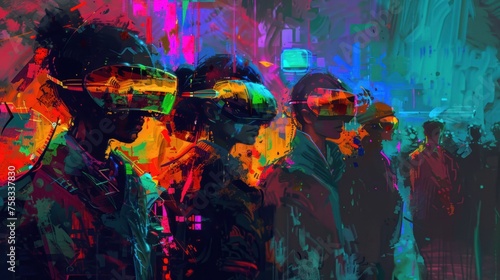 A group of people wearing virtual reality headsets. The background is a colorful  abstract  and futuristic cityscape. The people are standing in a row  and their silhouettes are visible against the vi