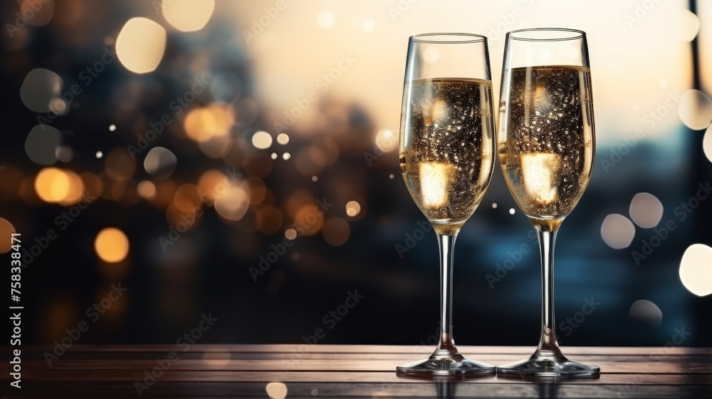 Champagne glasses on festive bokeh with elegant copy space, celebration and party concept Champagne glasses on festive bokeh with elegant copy space, celebration and party concept