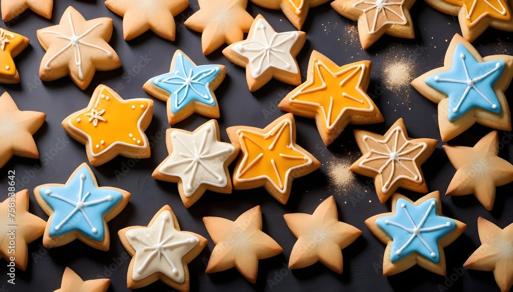 Multitude of star shaped cookies, different toppings, icing and colors, 