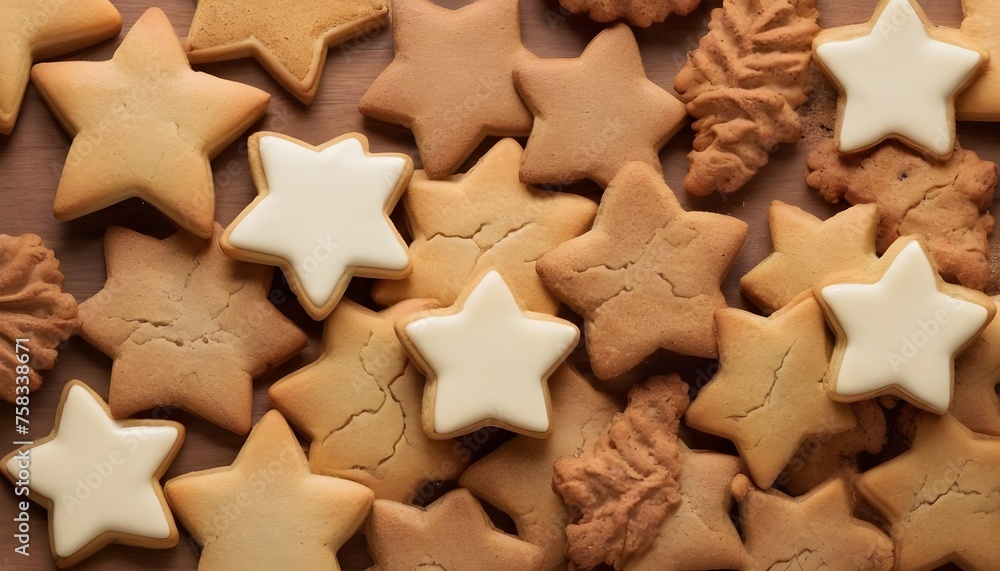 Multitude of star shaped cookies, different toppings, icing and colors, Multitude of star shaped cookies, different toppings, icing and colors,