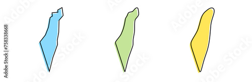 Israel country black outline and colored country silhouettes in three different levels of smoothness. Simplified maps. Vector icons isolated on white background.