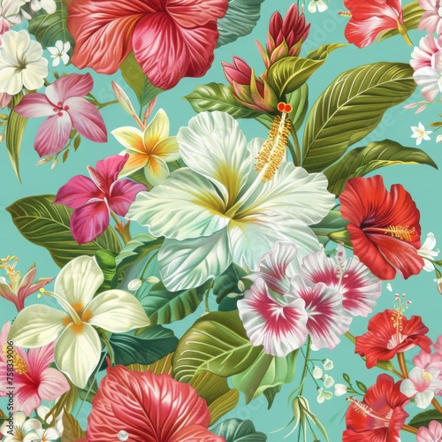 Vintage style seamless pattern with exotic orchids and hibiscus flowers on pastel background. Retro floral print for textile  wallpaper  packaging. Spring  summer  Mother s Day  wedding design