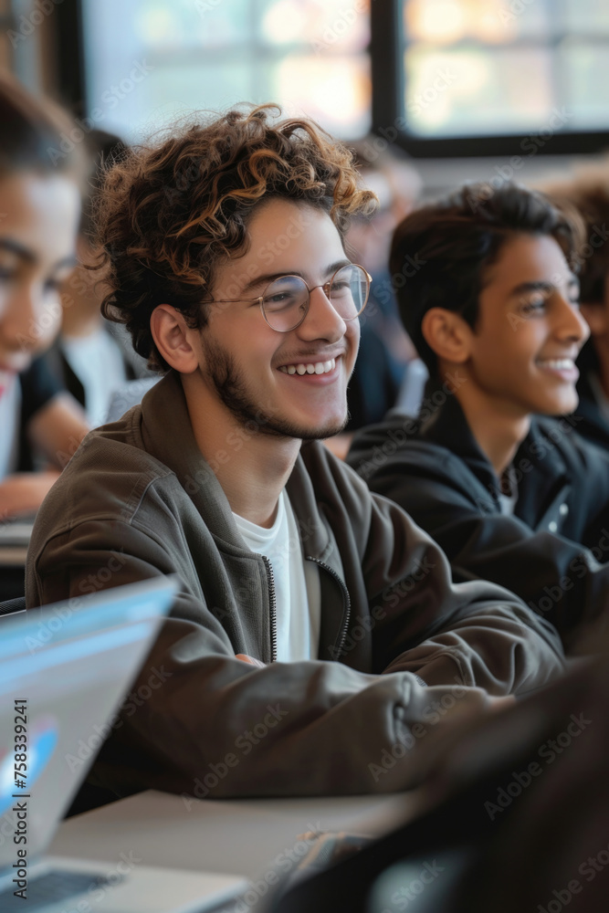 A group of young men sitting in front of laptops. Suitable for technology and business concepts A group of young men sitting in front of laptops. Suitable for technology and business concepts
