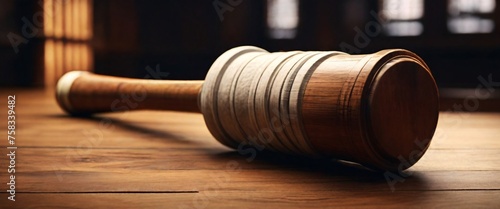 A wooden gavel on a law book symbolizes legal authority and judgment in a courtroom