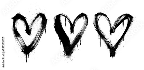 Graffiti spray heart shapes with ink drips. Brush drawn grunge vector love elements isolated on white background.