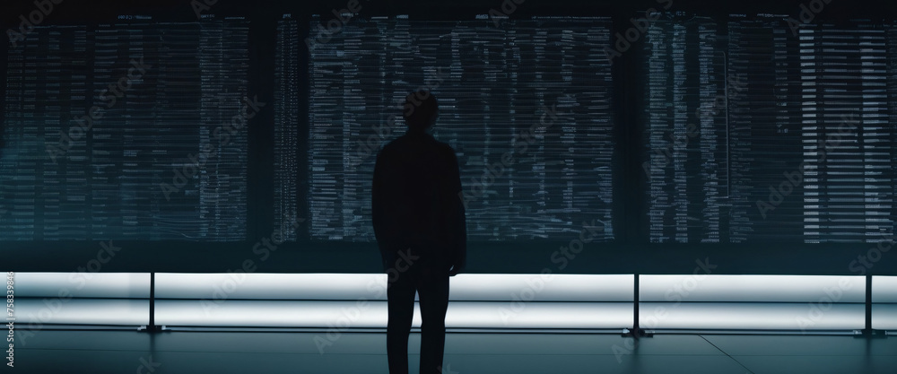 Fototapeta premium A silhouette of a person standing in front of a giant digital screen with a flow of data showing various cyber threats and vulnerabilities