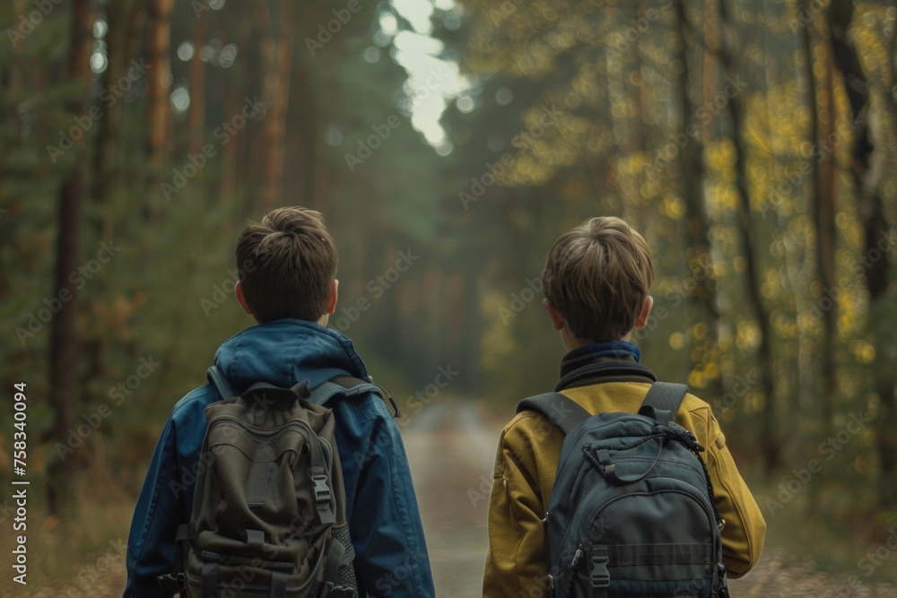 Two boys walking down a dirt road, suitable for outdoor adventure concept Two boys walking down a dirt road, suitable for outdoor adventure concept