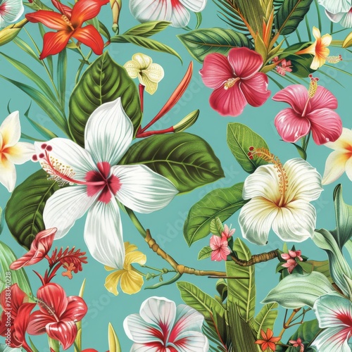 Vintage style seamless pattern with exotic orchids and hibiscus flowers on pastel background. Retro floral print for textile  wallpaper  packaging. Spring  summer  Mother s Day  wedding design.