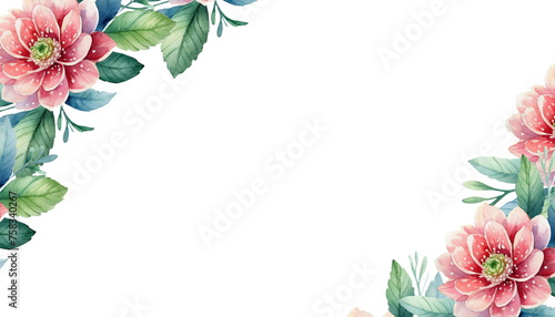watercolor flower corner border cut out, png red flower with greeny leaves photo