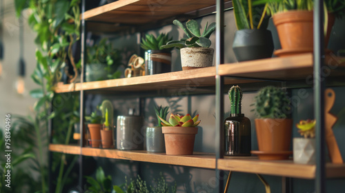 A shelf filled with various potted plants, perfect for home decor or gardening concepts
