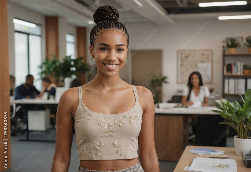 A smiling woman in a crop top stands in a contemporary office setting, her confidence shining through.