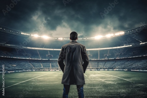 Man in Coat and Hat on Soccer Field at Night 