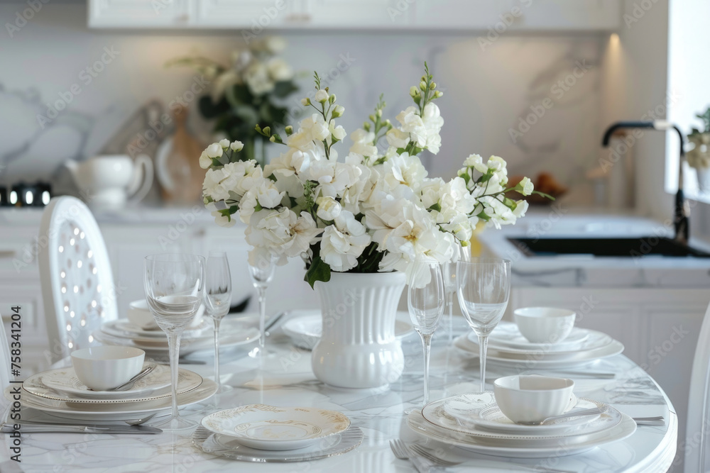 Simple white table with a vase of flowers, suitable for home decor Simple white table with a vase of flowers, suitable for home decor
