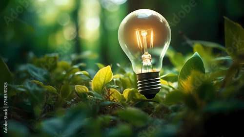 There are green trees inside the light bulb. Light bulbs with green plants inside represent energy saving efficiency.