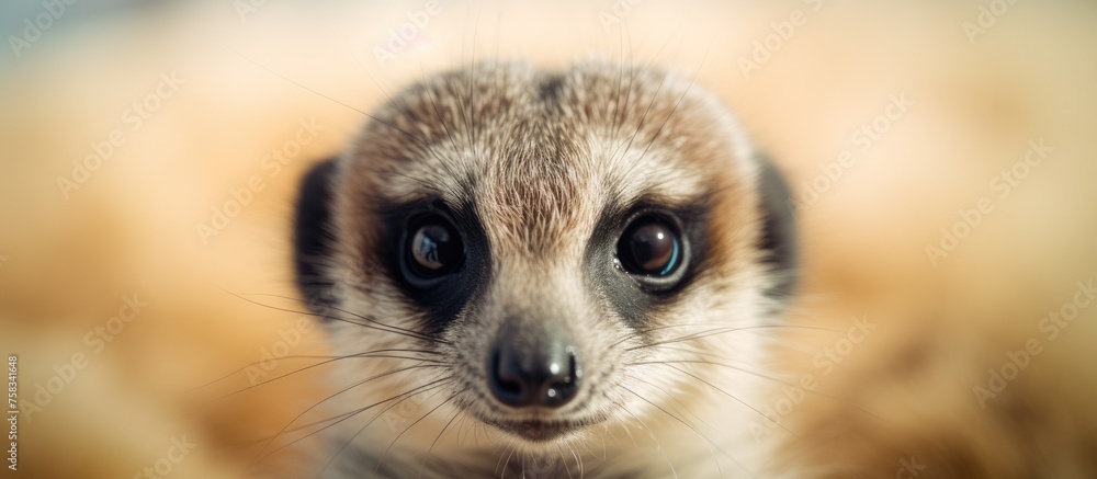 Fototapeta premium A carnivorous terrestrial animal, a meerkat, with a fawn fur coat, snout, and whiskers, looking directly at the camera in a closeup wildlife event