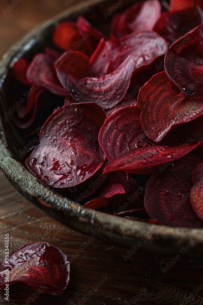 Freshly sliced beets in a bowl on a rustic wooden table. Perfect for food and cooking related designs