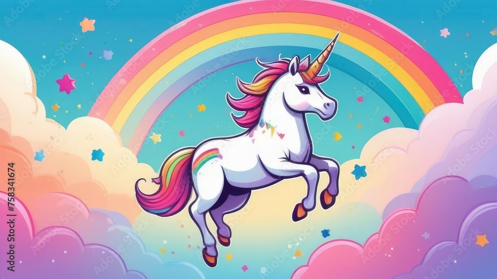 a unicorn flies in the sky on balloons against the background of a rainbow. The concept of holiday, miracles, magic and dreams a unicorn flies in the sky on balloons against the background of a rainbow. The concept of holiday, miracles, magic and dreams