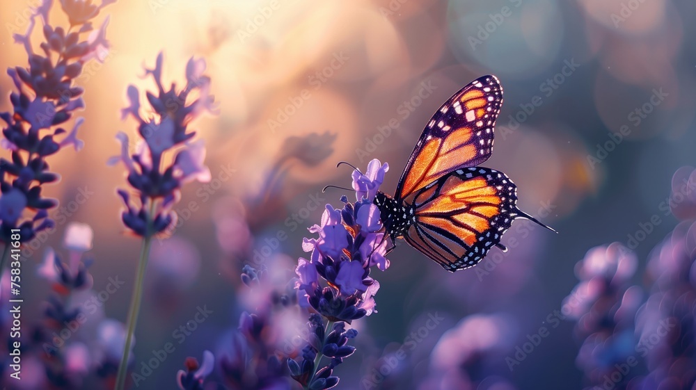 A vivid monarch butterfly rests on purple lavender blooms, illuminated by golden sunlight A vivid monarch butterfly rests on purple lavender blooms, illuminated by golden sunlight
