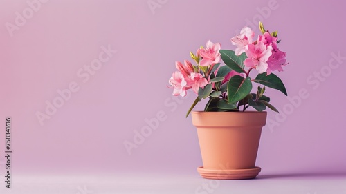 Vibrant pink Alstroemeria flowers in a terracotta pot on a pastel purple background