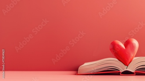 A red heart sculpture on an open book against a red background