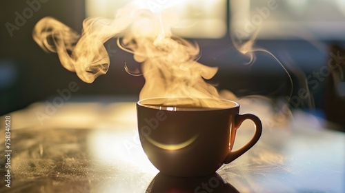 a cup of hot coffee placed on a wooden table in the morning before starting activities