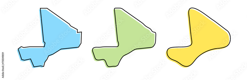 Mali country black outline and colored country silhouettes in three different levels of smoothness. Simplified maps. Vector icons isolated on white background. Mali country black outline and colored country silhouettes in three different levels of smoothness. Simplified maps. Vector icons isolated on white background.