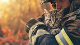 Firefighter gently cradles a rescued kitten against a backdrop of glowing flames