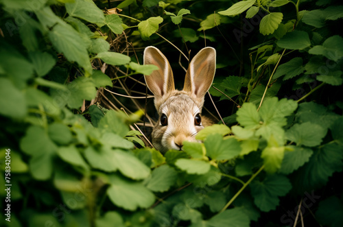 Gray hare hiding in green bushes. Close-up of a cute rabbit. Big eyes and ears of hare wary and frightened watching in bushes. Easter Bunny Hunt. Rabbit hiding in the green grass. Cute Easter bunny © Nonna
