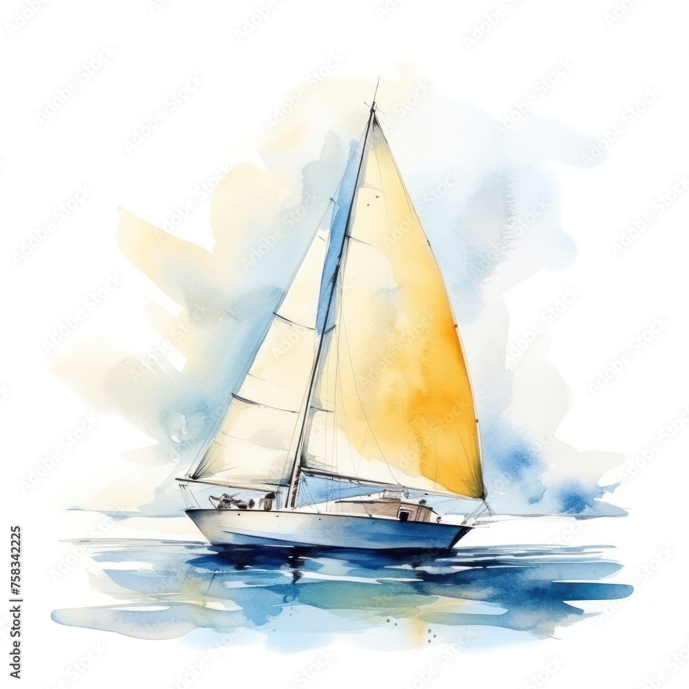 A sailboat with yellow sails is floating on the water. The sky is white and the water is blue.