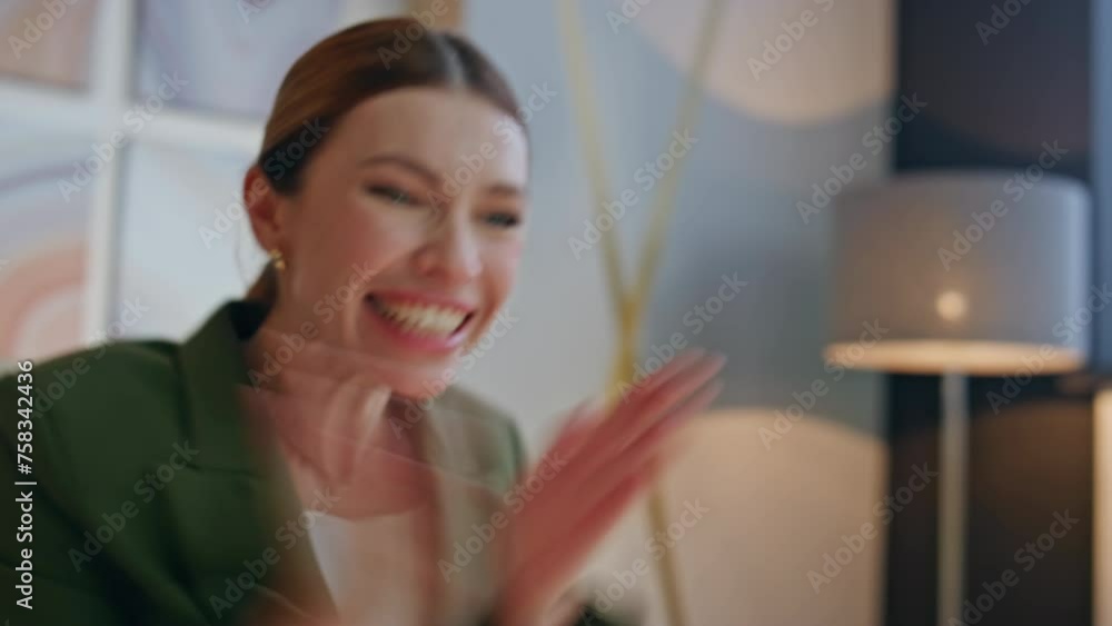 Overjoyed girl surprised success at laptop closeup. Excited woman in office Overjoyed girl surprised success at laptop closeup. Excited woman in office
