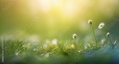 Blurred spring summer nature background with green meadow, blue sky and sunlight