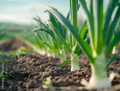 A close up of leeks growing on a farm, showcasing the organic and sustainable agriculture practices.