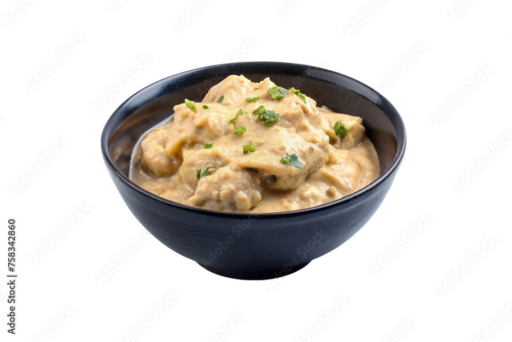 Creamy chicken in a black bowl isolated on transparent background. Creamy chicken in a black bowl isolated on transparent background.