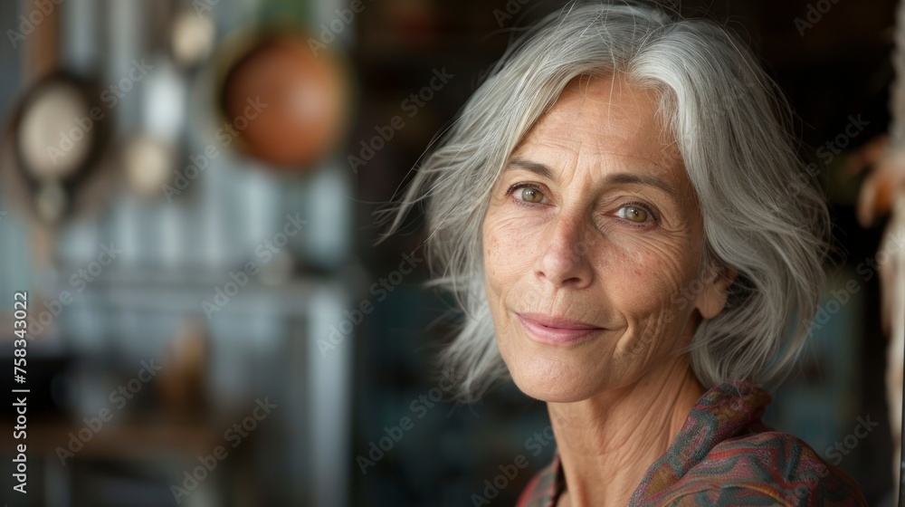 portrait of a beautiful senior woman with white hair at home well-groomed and smiling at the camera portrait of a beautiful senior woman with white hair at home well-groomed and smiling at the camera