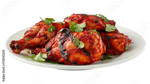 Tandoori Chicken on a plate isolated on transparent png background. Generative ai 