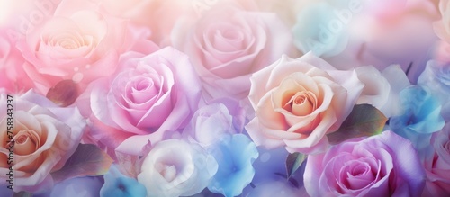 A beautiful assortment of hybrid tea roses in shades of pink, purple, and violet create a stunning display against a blurred garden rose background photo