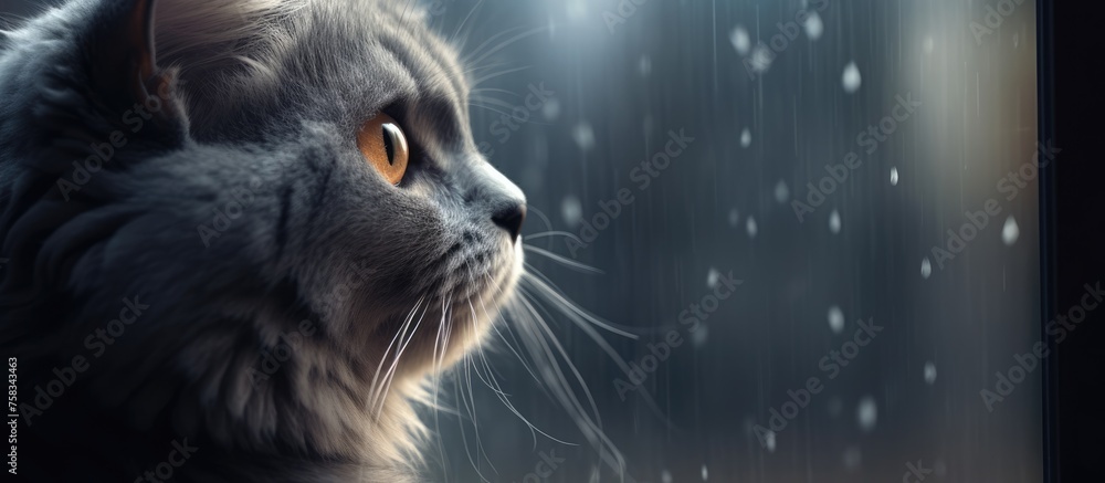 Grey Cat Gazing Out of Window with Soft Focus