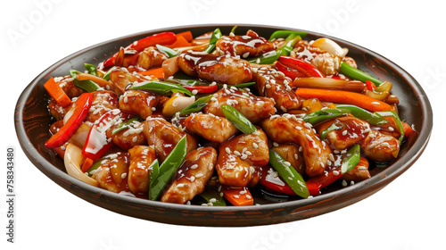 Teriyaki Chicken Stir-Fry on a plate isolated on transparent png background. Generative ai 