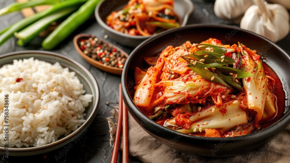 health-focused image showcasing kimchi as part of a balanced diet, served with grains and vegetables for a nutritious meal --