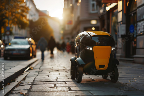 Artificial intelligence delivery robot service driving in city delivering food.