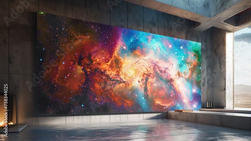 Vivid galactic image adorning a modern living room wall