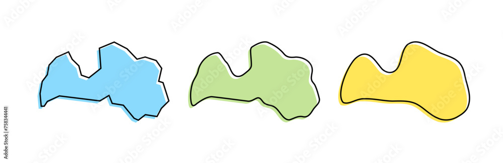 Latvia country black outline and colored country silhouettes in three different levels of smoothness. Simplified maps. Vector icons isolated on white background. Latvia country black outline and colored country silhouettes in three different levels of smoothness. Simplified maps. Vector icons isolated on white background.