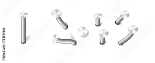 Nails hammered into wall steel straight and bent metal hardware spikes. Hobnails with grey caps top view isolated on transparent background. Vector